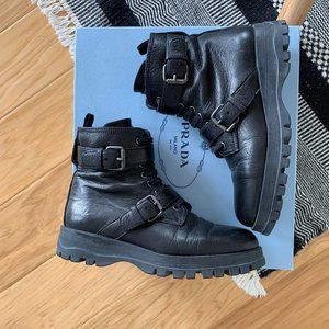 Prada Double-Strap Leather Ankle Boots
